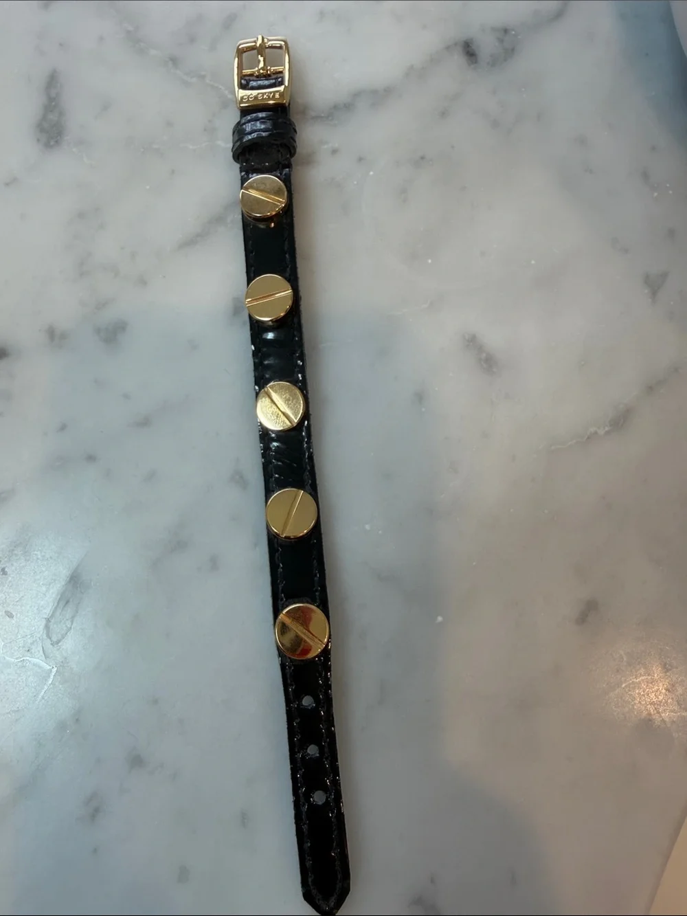 CC Skye Black Leather Bracelet with Gold Disc Studs